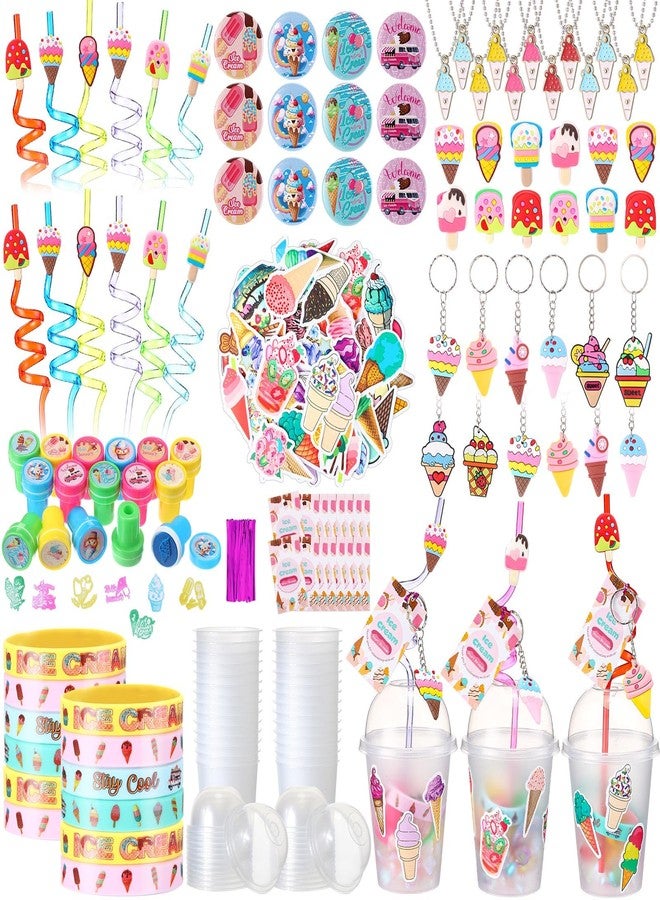 Chivertion 195 Pcs Ice Cream Birthday Party Favors Bulk for 16 Kids Include Keychain Necklace Silicone Bracelet Ring Badge Stamp Sticker Tags Twist Tie Cup Lid Straw for Summer Birthday Party Rewards - Image 1